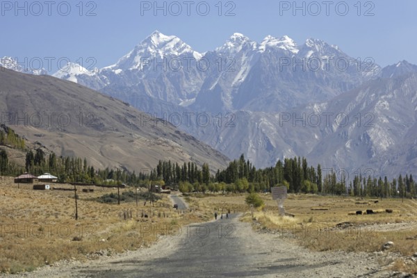 Snow covered mountain peaks of the Pamir Mountains, Pamirs and the Pamir Highway, M41 in the