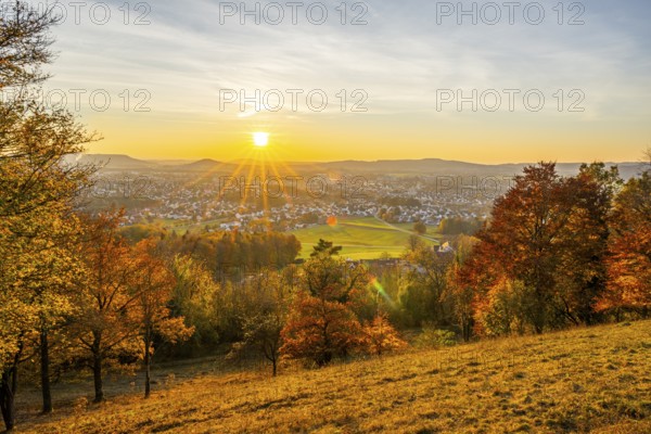 View over the city of Neumarkt from Wolfstein castle ruins at sunset in autumn, Neumarkt in der
