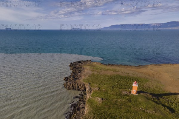 Drone picture, aerial view, lighthouse Hegranesviti, Hegranes, peninsula Landsendi, in the