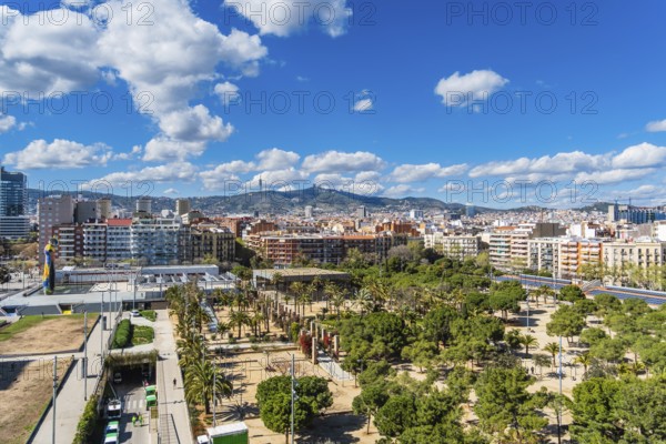 View of the Miró Park with the sculptureWoman and Bird, Dona i Ocell, by Joan Miró in Barcelona,