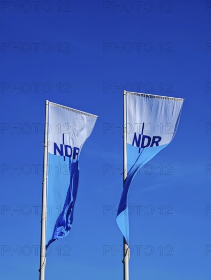 Two flags with lettering NDR, Norddeutscher Rundfunk, Landesfunkhaus Schlossplatz 3, flagpoles,