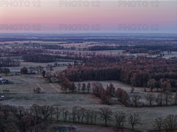 Landscape in the Drömling UNESCO Biosphere Reserve in the Altmark at dawn on a cold spring day.