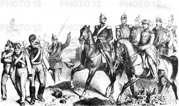 General von Wrangel on horseback in the town of Schleswig, horsemen, soldiers, weapons, rifles,