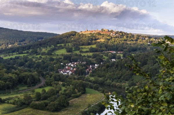 View of the historic Dilsberg castle fortress and the Neckar river in the Neckartal-Odenwald nature