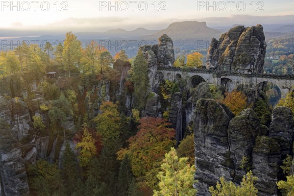 View from the Ferdinandstein to the Bastei Bridge and the rock castle Neurathen, Bastei, Lohmen,