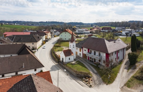 Drone shot, view of the village, village church of Unterweitersdorf, Mühlviertel, Upper Austria,