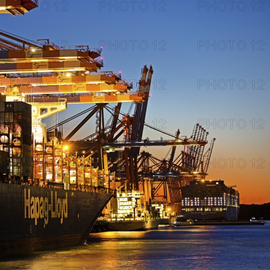 Container ships at the Eurogate container terminal in the evening with an atmospheric sunset,