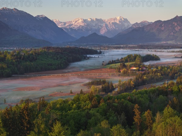Aerial view, trees, forest, light green leaves, morning light, fog, mountains, sunny, spring, near