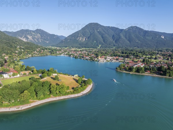 Ferry on the lake, view of Rottach-Egern and Wallberg, Tegernsee, aerial view, Tegernsee, Bavaria,