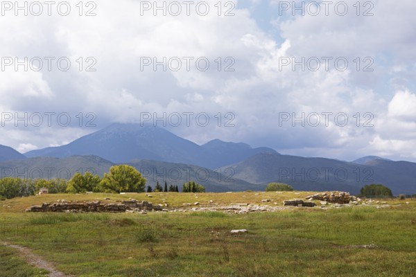 Theatrum or theatre in the archaeological site of Mantineia, highlands of Arcadia, Peloponnese,