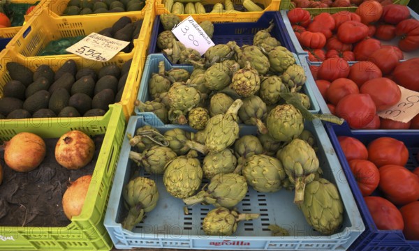 Artichoke hearts, avocado, tomatoes, vegetables, display at weekly market market, Alaró, Calvià,