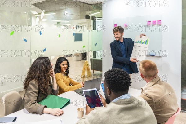 Marketing manager presenting company growth using charts and graphs during a business meeting with