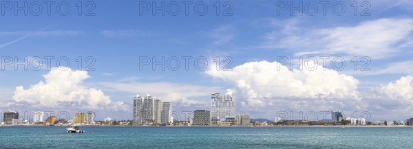 View from Deer Island, Isla de Venados, of famous Mazatlan sea promenade El Malecon, with ocean