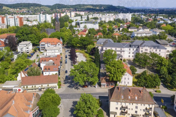 Aerial view of Wettinplatz and the New Church, in the background the new development area Dresdner
