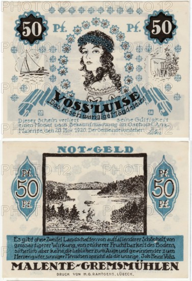 Banknote, emergency money, Malente-Gremsmühlen, 50 Pfennig, 1920, Germany, reproduction of a