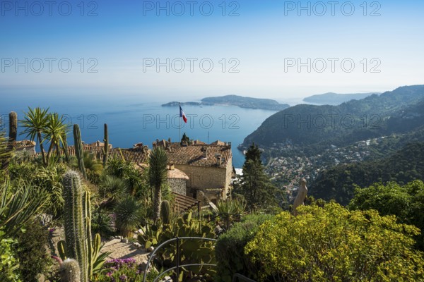 Picturesque mountain village overlooking the sea, Jardin Exotique, Èze, Cote d'Azur,