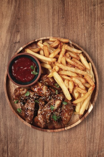 Barbecue chicken wings, sprinkled with sesame seeds, with French fries, and sauce, on a wooden