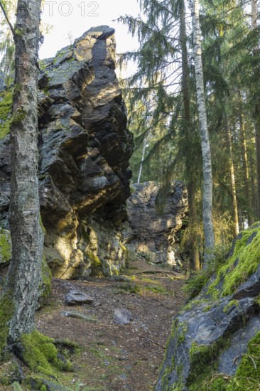 Schwarzer Stein rock formation with Versteinerter Mönch rock formation east of Grünbach in