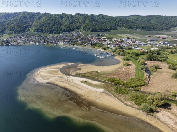 Aerial view of the mouth of the Stockacher Aach at low water, which flows into Lake Überlingen. The