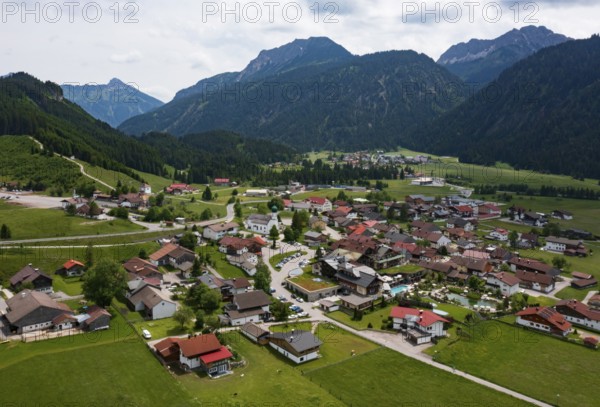 Drone image, view of the village, Grän, Tannheimer Tal, Reutte district, Tyrol, Austria