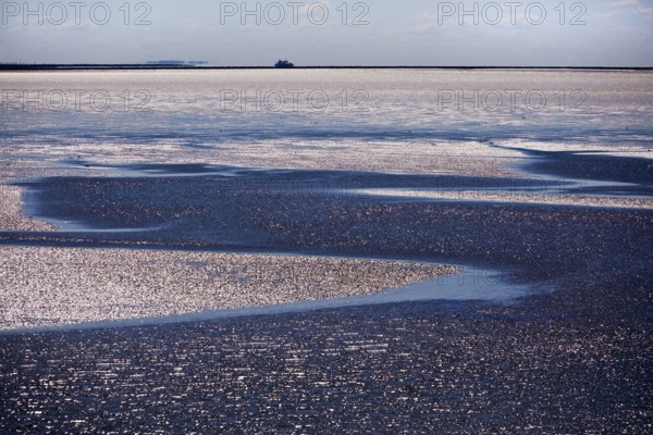 Schleswig-Holstein Wadden Sea National Park on the crossing from Föhr to Dagebüll at low tide,