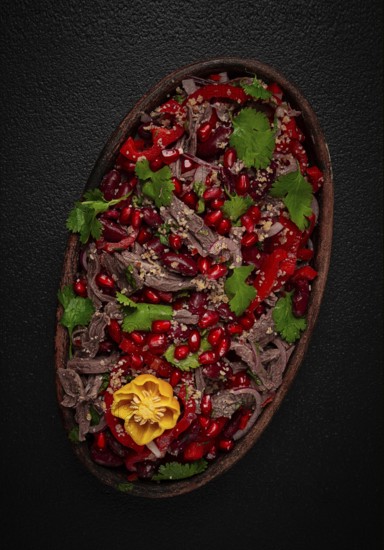 Georgian salad Tbilisi, boiled beef, with red beans and onions, sweet pepper, walnut and