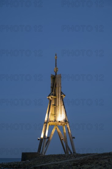 Illuminated Kugelbake, landmark, blue hour, North Sea, Lower Saxony Wadden Sea National Park,