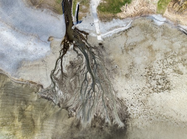Aerial photograph, top down view of the Mühlbach at low water, which flows from the Mindelsee into