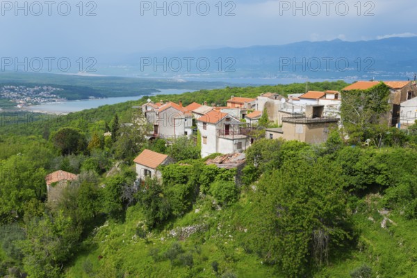 View of a village with red roofs, embedded in green vegetation and with mountains in the