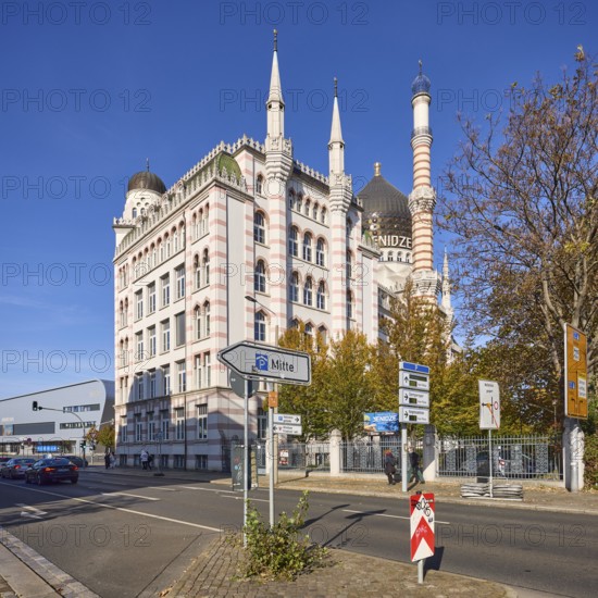 Yenidze tobacco factory, historical factory, oriental buildings, signpost to the car park,