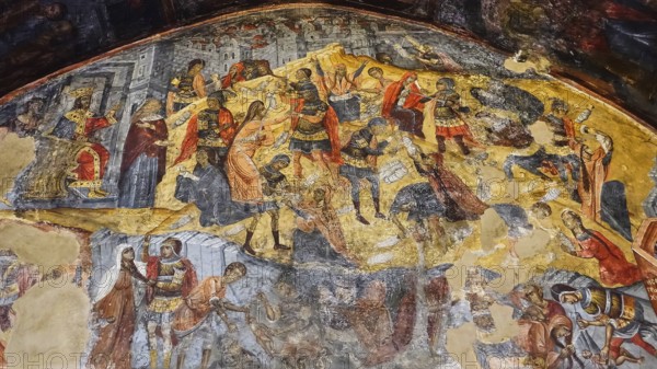 Historical fresco painting depicting a complex religious scene, Asklipio village, Asklipion,