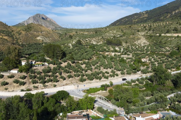 Green hills and a village on a winding road, surrounded by lush natural scenery, near Bedmar y