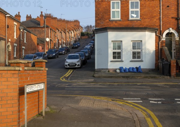 Victorian terraced housing with no front gardens, Bernard Street from Tempest Street, inner city of