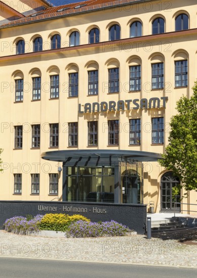Former porcelain factory, today district administration office, entrance area with lettering