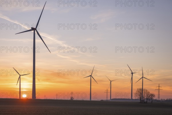 Wind turbines in front of a colourful sunset on the horizon in an open landscape, near Ulm, Swabian