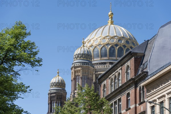 New synagogue in Berlin with golden domes and classical architecture against a blue sky, Berlin,