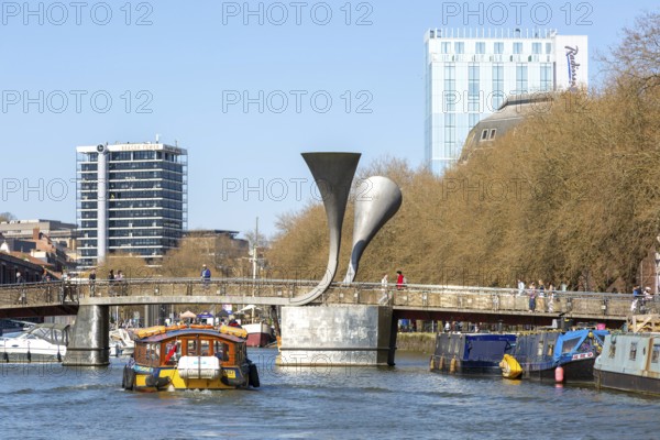 Waterbus ferry boat approaching city centre, Pero's Bridge footbridge, Floating Harbour, Bristol,