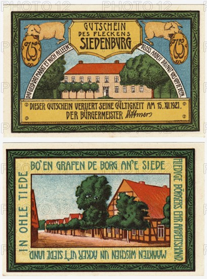 Banknote, emergency money, voucher, Siedenburg, 1921, Germany, reproduction of a historical
