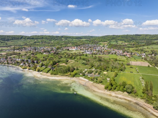 Aerial view of Lake Rhine, Untersee, Lake Constance with the lido and the village of Öhningen on