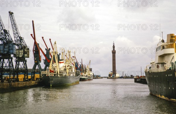 Frachtschiffe im Royal Dock mit Grimsby Dock Tower, Grimsby, Lincolnshire, England, UK September