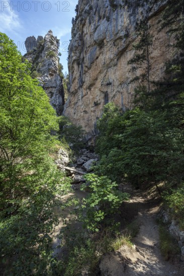 Hiking trail in the gorge of Trevans, Gorges de Trévans, near Estoublon, Alpes-de-Haute-Provence,