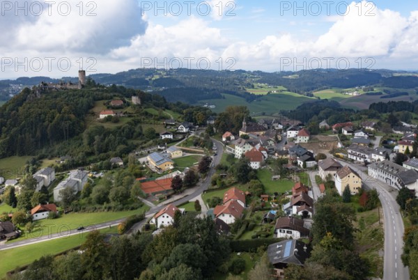 Drone shot, view of the town, Waxenberg castle ruins, Waxenberg, Mühlviertel, Upper Austria,