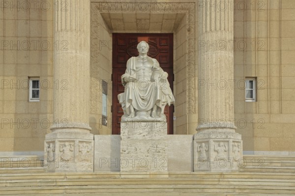Johann Wolfgang von Goethe sitting on a throne, stone sculpture, monument, ruler, exalted, victor,