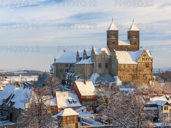 View of the snow-covered Schlossberg with St Servatius collegiate church and castle and the