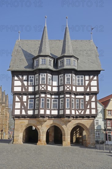 Historic town hall built in 1516 with turrets and decorations, market square, Alsfeld, Vogelsberg,