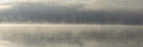 Sunrise with early morning fog at Lake Hopfensee near Füssen, Ostallgäu, Allgäu, Upper Swabia,