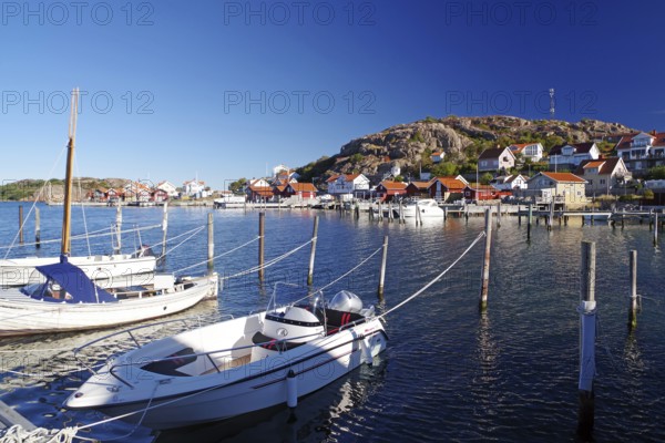 Small harbour with white boats and colourful houses on a sunny day, archipelago coast, Hamburgsund,