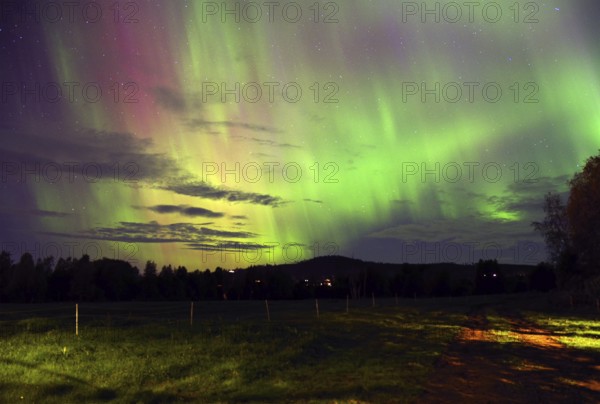 Impressive auroras in green and purple colours light up the night sky over a dark landscape,