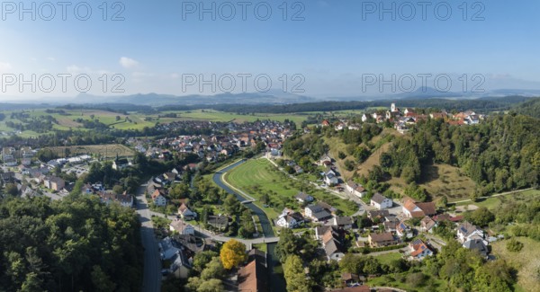 Aerial view, panorama of the town of Aach in Hegau, with the Radolfzeller Aach, which flows into