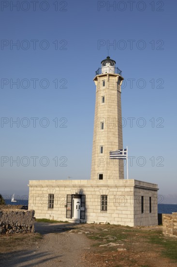 Octagonal lighthouse on the small island of Kranai in the evening light, Gythio or Gythion on the
